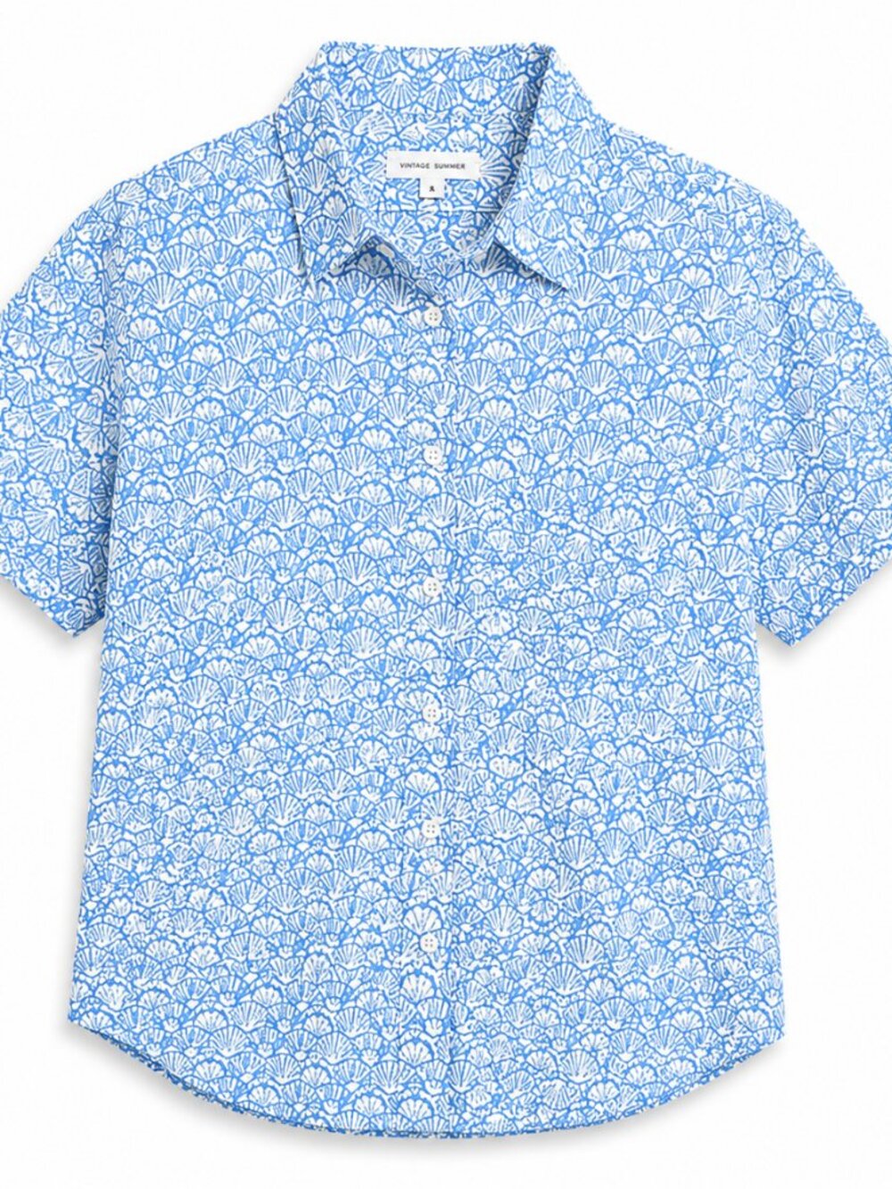Vintage Summer Blue White Shell Print Short Sleeve Button Up Shirt S